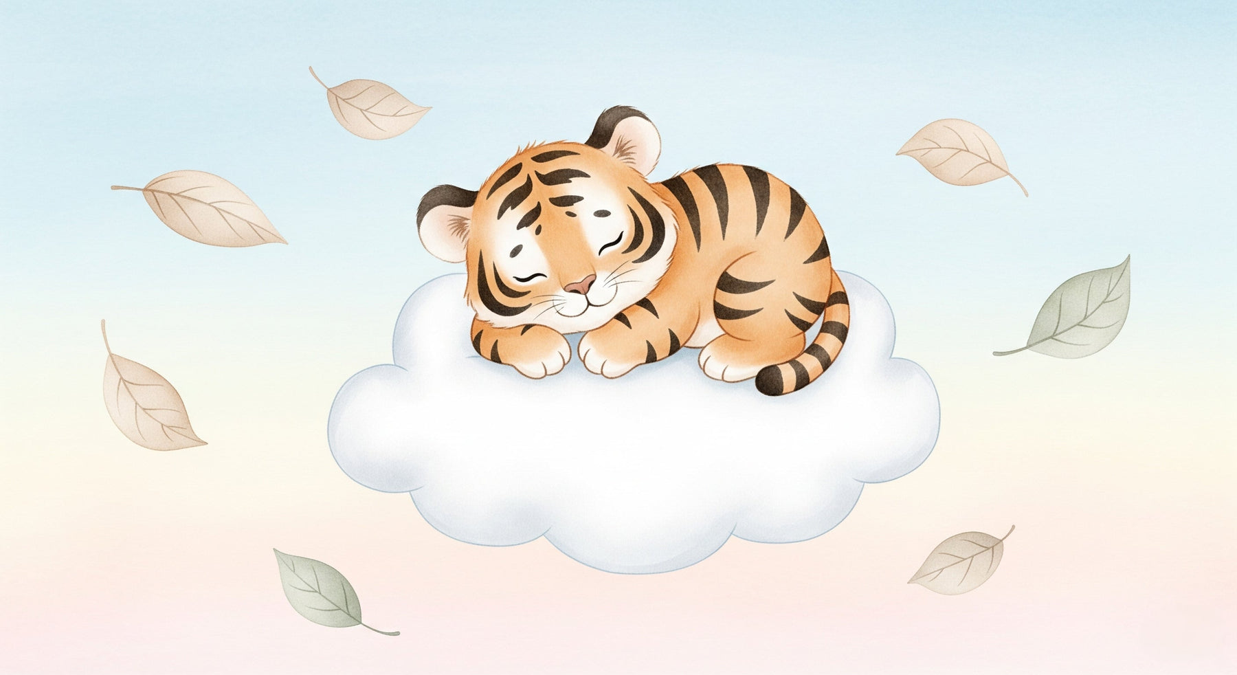 Detailed tiger cloud mural wallpaper design pattern showing sleeping tiger on fluffy cloud by Kids-Mundo