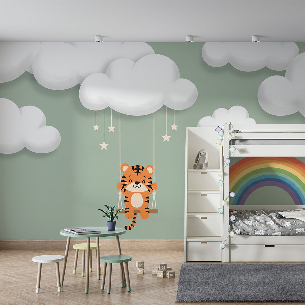Kids-Mundo tiger cloud swing rainbow wall mural styled on a kids bedroom feature wall