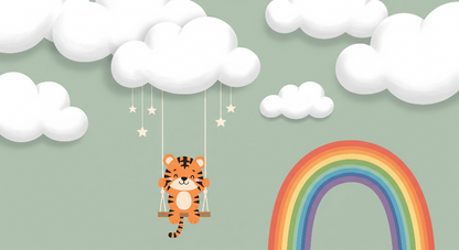 Kids-Mundo flat artwork of a tiger cub swinging from a cloud beside a soft rainbow