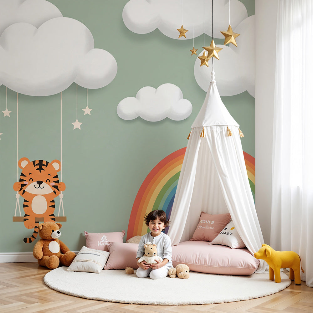 Kids-Mundo tiger cloud swing wall mural shown behind a cot in a soft green nursery