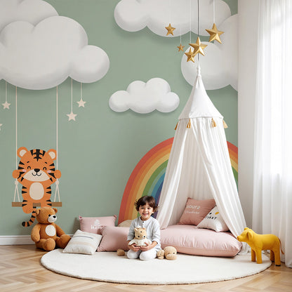 Kids-Mundo tiger cloud swing wall mural shown behind a cot in a soft green nursery