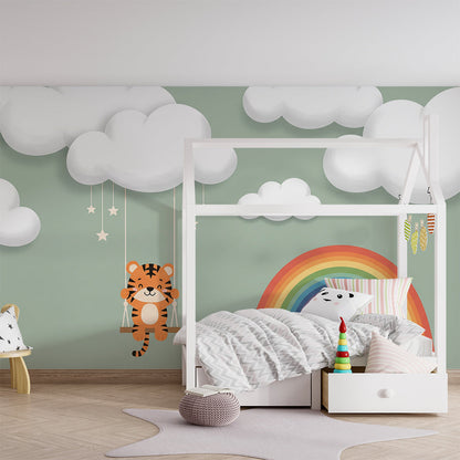 Kids-Mundo tiger cloud swing wall mural covering a full wall in a playroom