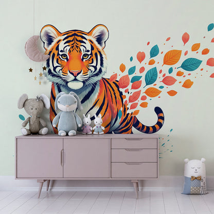 Kids-Mundo tiger cub leaf mural adding gentle colour to a child's bedroom wall