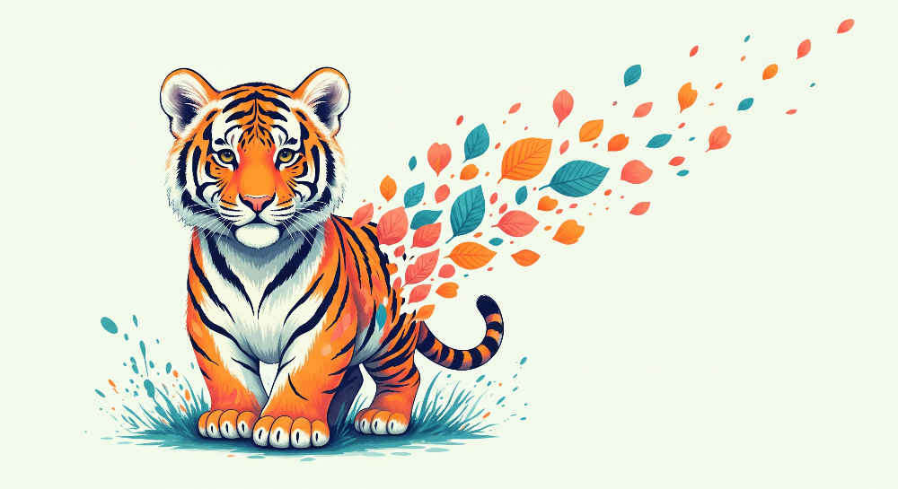 Kids-Mundo flat artwork of a tiger cub with a colourful stream of autumn leaves flowing behind it