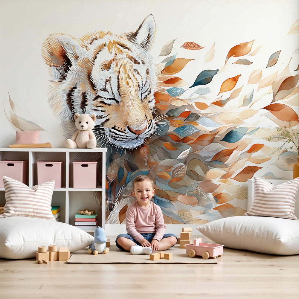 Kids-Mundo tiger cub wall mural fitted above a cot in a soft, neutral nursery