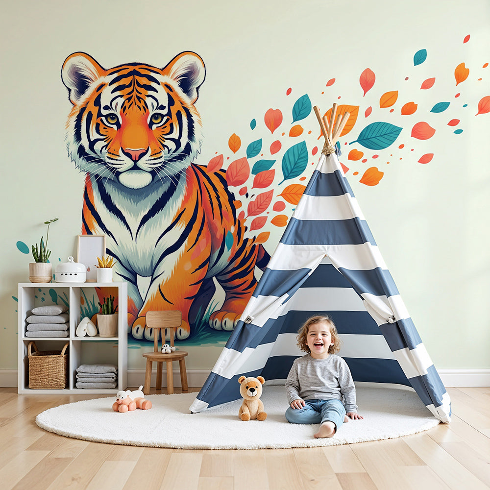 Kids-Mundo tiger cub and autumn leaves wall mural in a light, calming nursery room