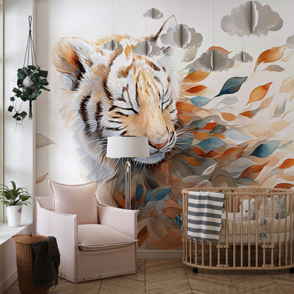 Kids-Mundo sleepy tiger wall mural fitted in a playroom reading nook with cushions