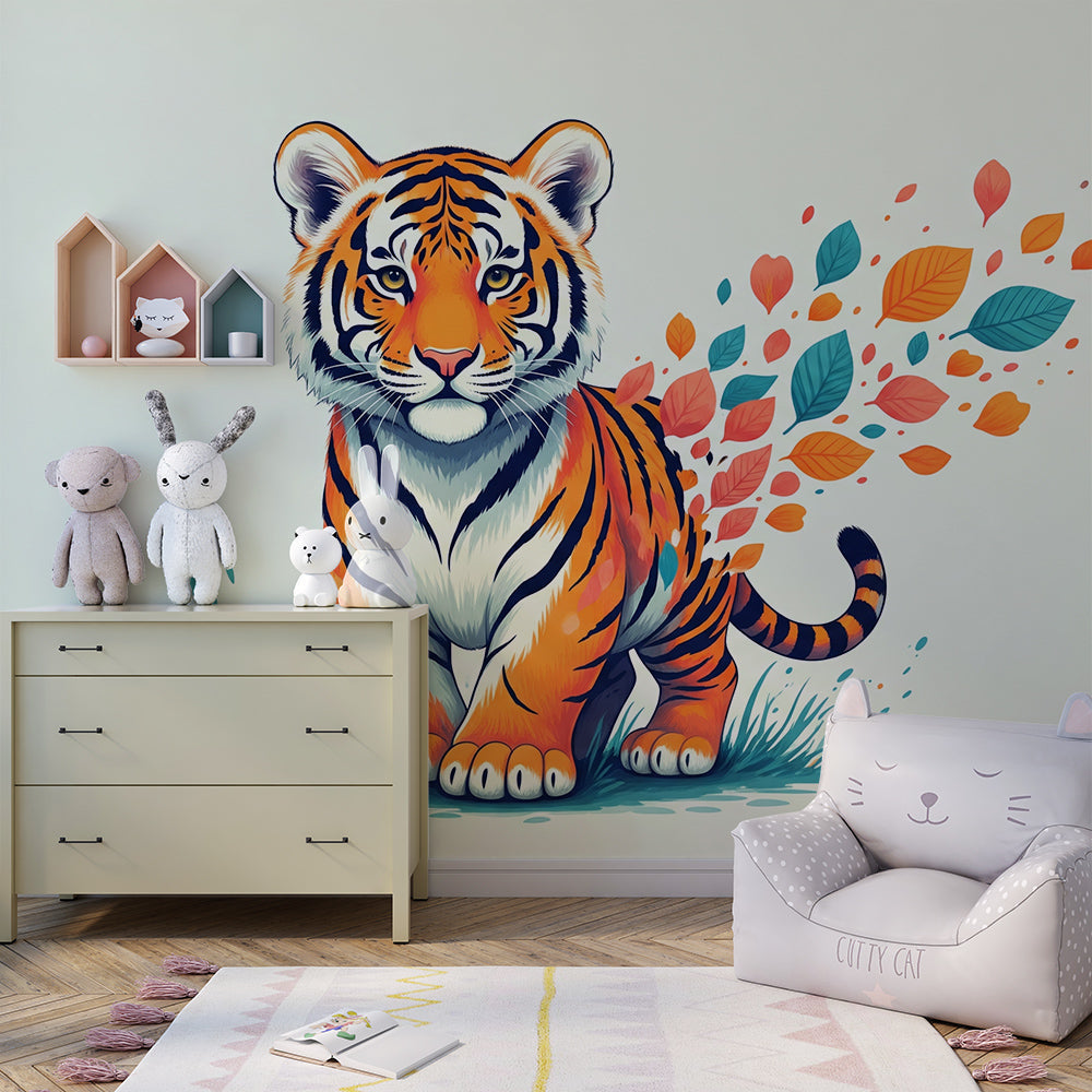 Kids-Mundo tiger cub and leaves wall mural brightening a cheerful playroom wall