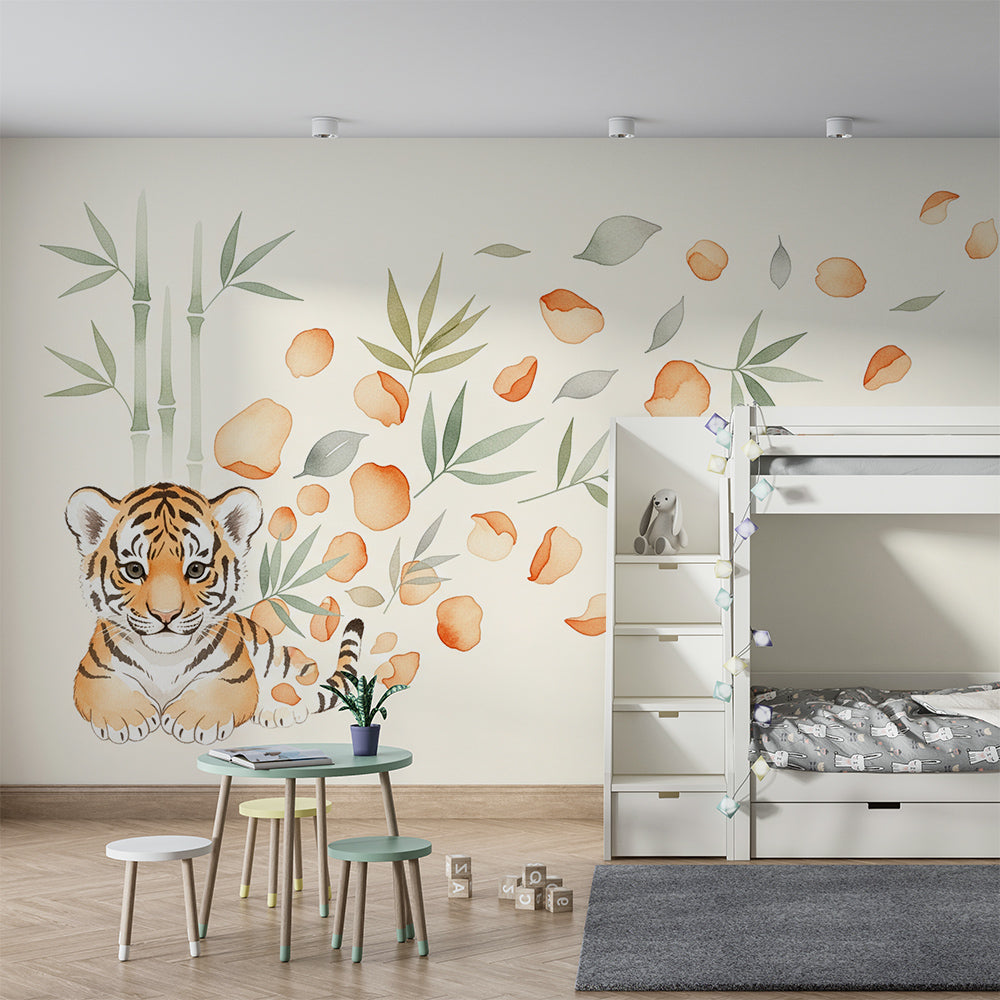 Tiger cub and bamboo wall mural by Kids-Mundo behind a bed in a kids bedroom