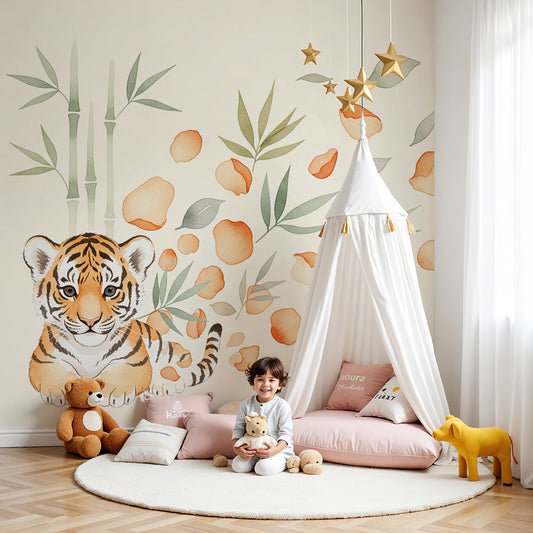 Kids-Mundo tiger cub wall mural in a warm, neutral nursery with a wooden cot