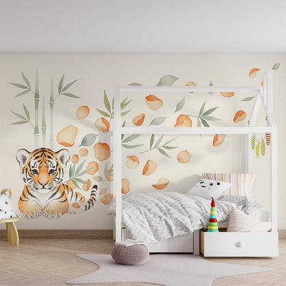 Kids-Mundo tiger cub wall mural softening a calm corner of a children's playroom