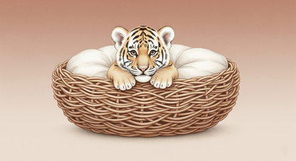 Kids-Mundo flat artwork of a sleepy tiger cub resting in a cosy woven basket nest