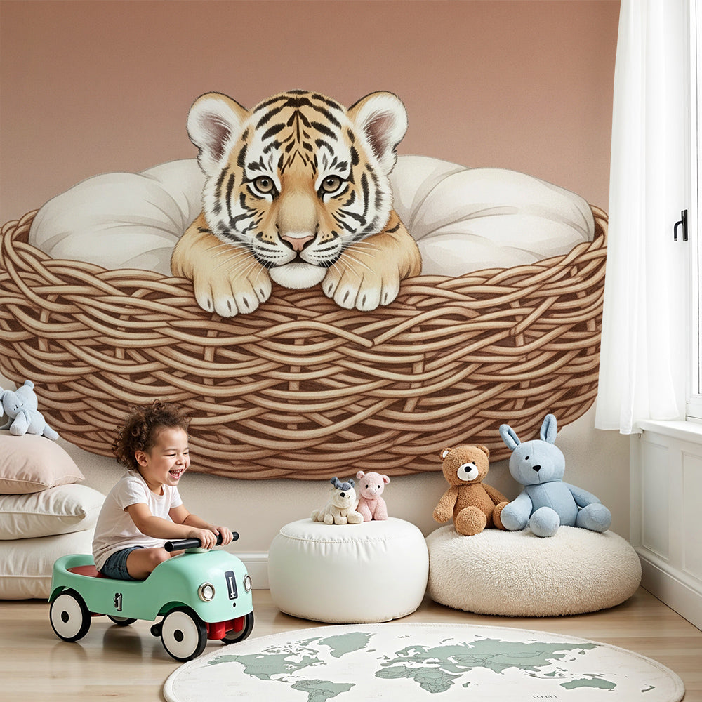 Kids-Mundo tiger cub basket wall mural styled in a warm terracotta nursery