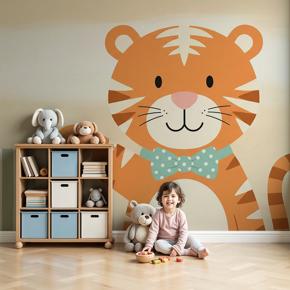 Kids-Mundo bow tie tiger cub wall mural styled in a soft cream and green nursery room