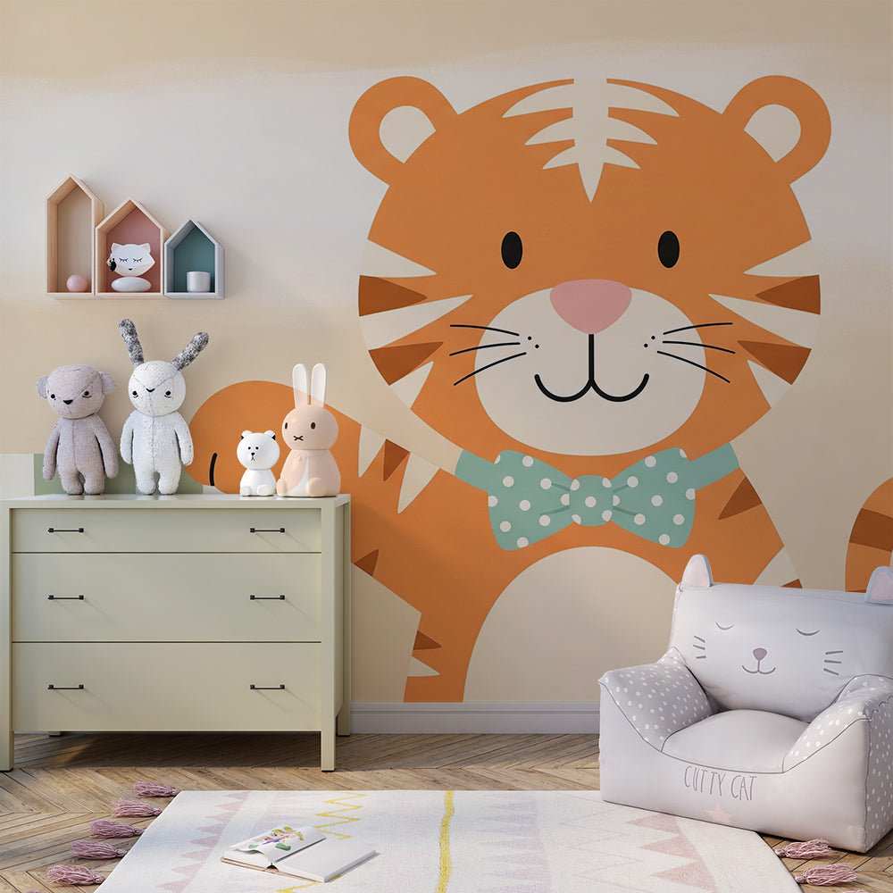 Kids-Mundo dapper tiger cub wall mural bringing character to a bright children's playroom
