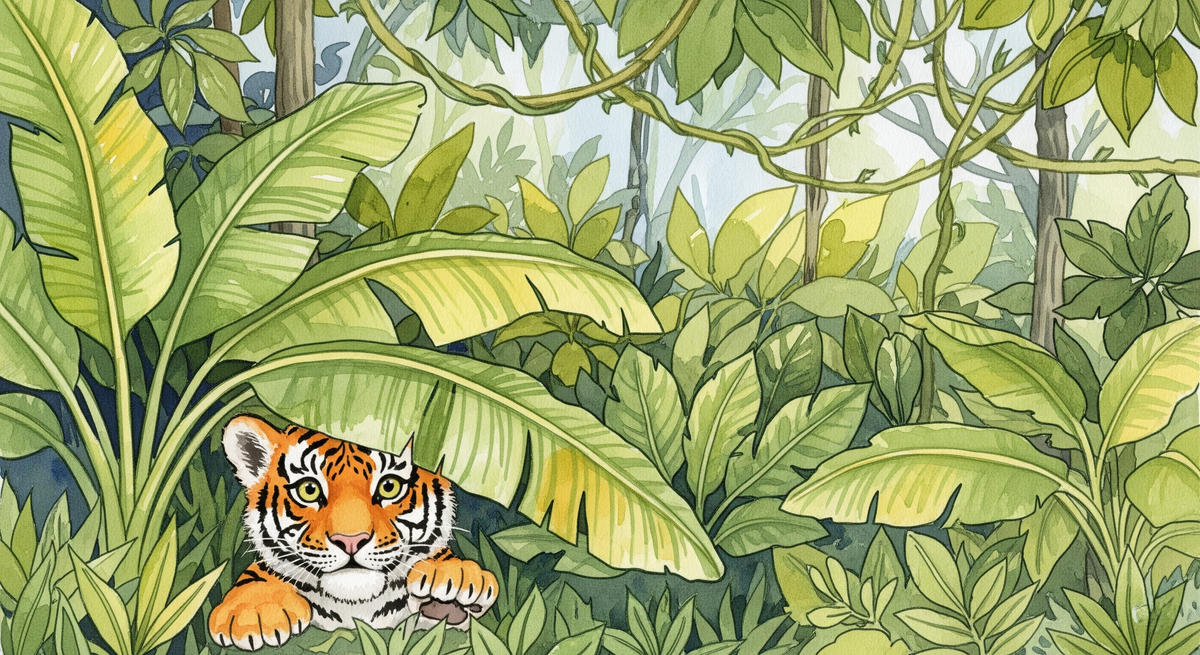 Tiger Cub Peeking Through Jungle Leaves Wall Mural