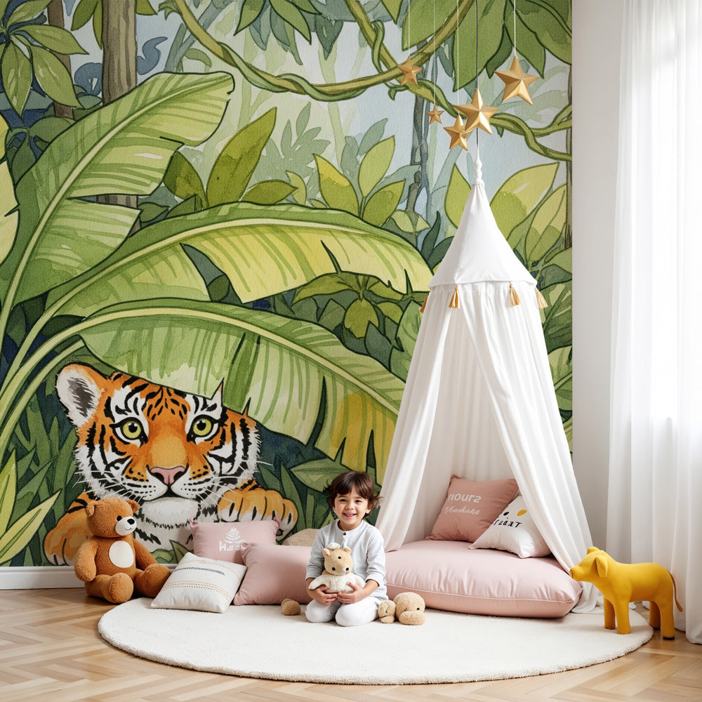 Kids-Mundo watercolour tiger cub wall mural peeking through leaves in a soft nursery room