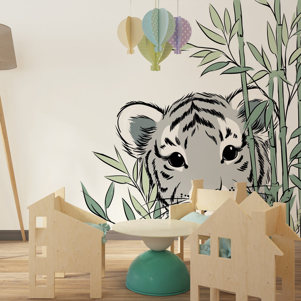 Jungle tiger cub wallpaper transforming children's playroom into wildlife sanctuary