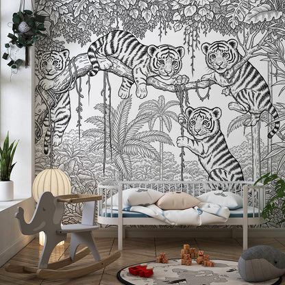 Kids-Mundo tiger cub jungle wall mural in a kids bedroom with bunk bed and toy storage.