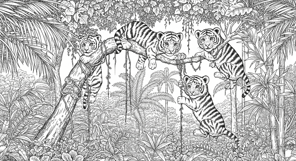 White Tiger Cubs Jungle Line Art Wall Mural