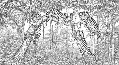 Kids-Mundo flat artwork of the white tiger cub jungle wall mural design in fine line art detail.