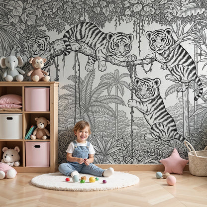 Kids-Mundo white tiger cub jungle wall mural styled in a nursery with cot and soft furnishings.