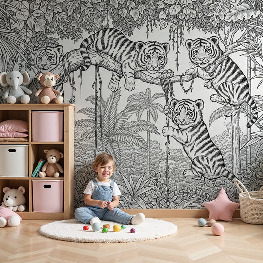Kids-Mundo white tiger cub jungle wall mural styled in a nursery with cot and soft furnishings.