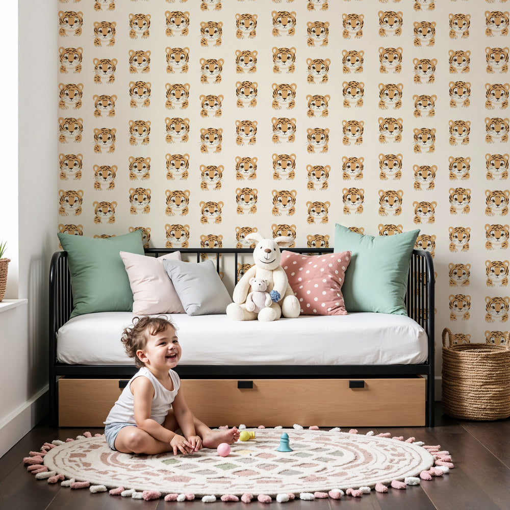 Cute tiger face mural wallpaper in modern nursery room with soft beige tones by Kids-Mundo