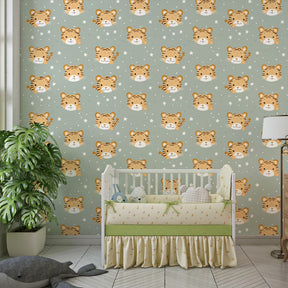 Cute tiger wallpaper creating playful atmosphere in children's bedroom with wooden furniture