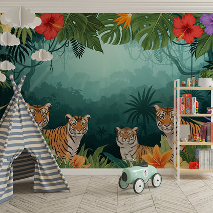 Kids-Mundo tiger jungle wall mural covering a feature wall in a bright children's bedroom.