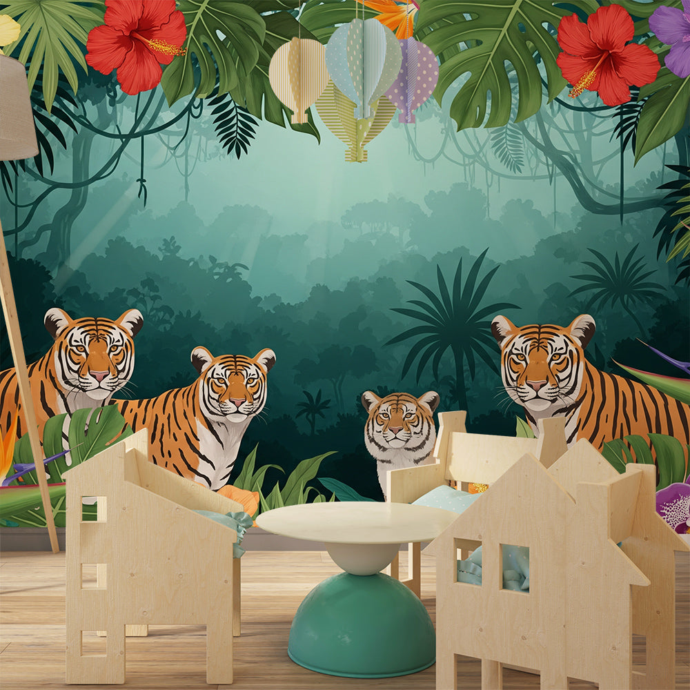 Kids-Mundo made-to-measure tiger wall mural brightening a playful children's playroom wall.