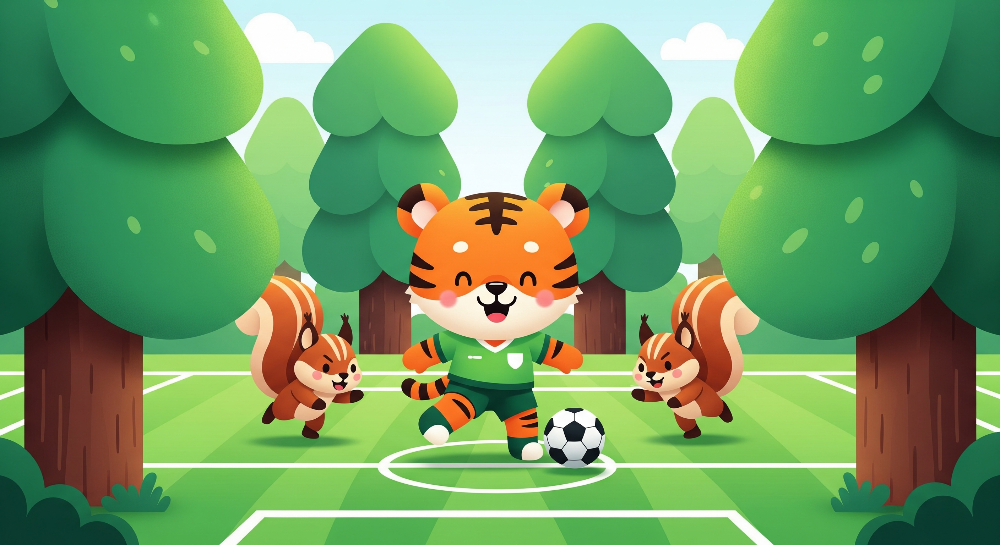 Tiger Footballer with Squirrels in the Forest Wall Mural