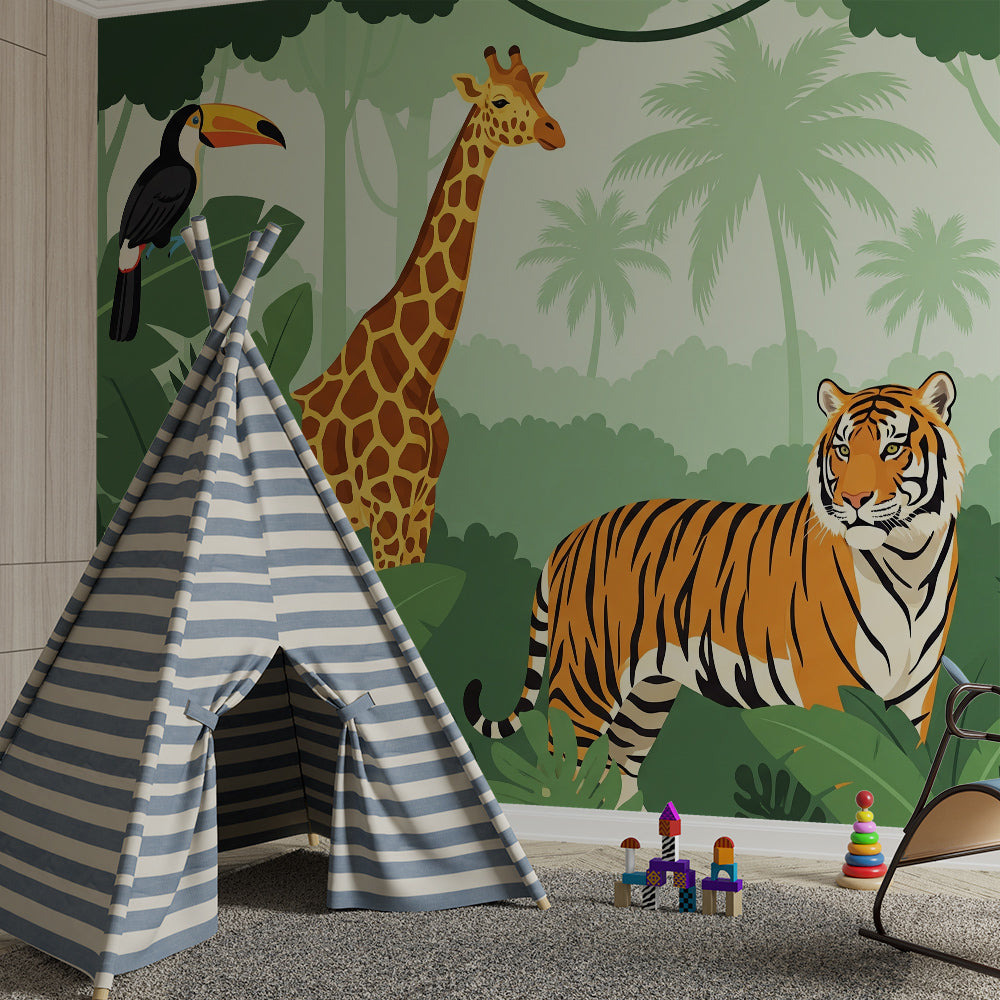 Kids-Mundo jungle safari wall mural with tiger and giraffe styled in a kids bedroom