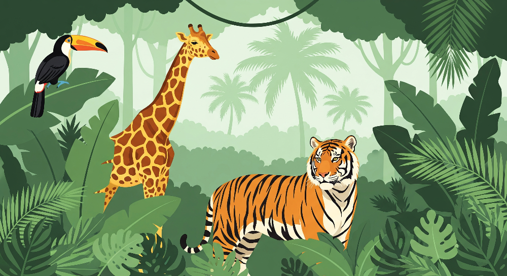 Tiger, Giraffe and Toucan Jungle Wall Mural