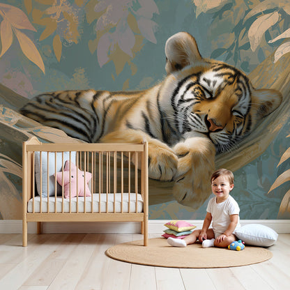 Kids-Mundo sleeping tiger jungle hammock wall mural in a warm baby nursery