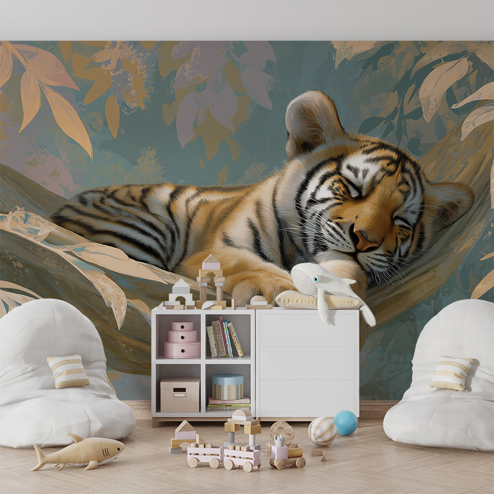 Kids-Mundo jungle tiger hammock wall mural in a cosy kids playroom setting