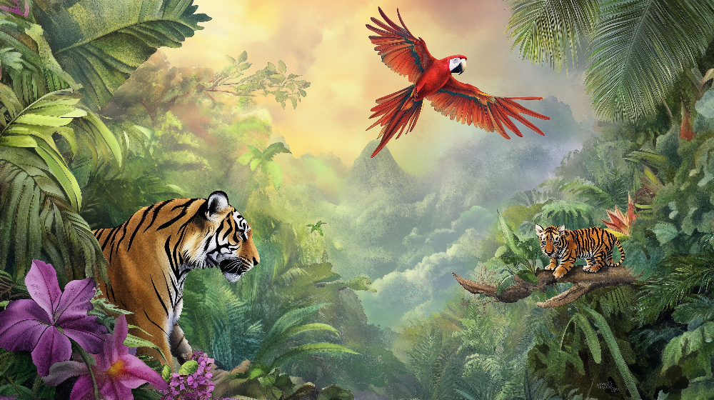 Tiger and Macaw Jungle Wall Mural