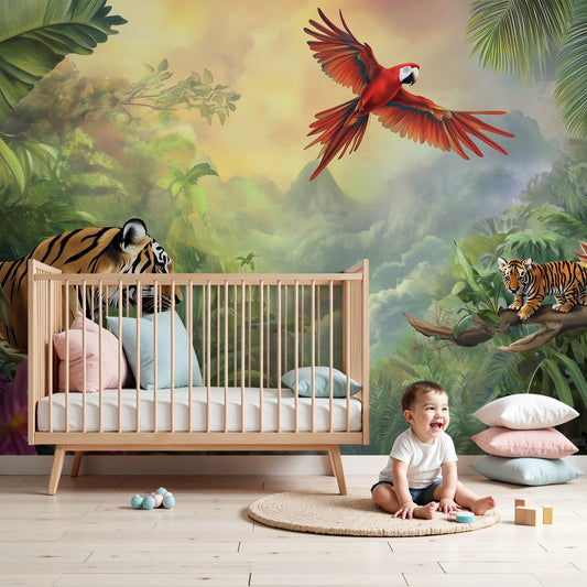Kids-Mundo tiger and macaw jungle wall mural styled behind a cot in an adventurous nursery.