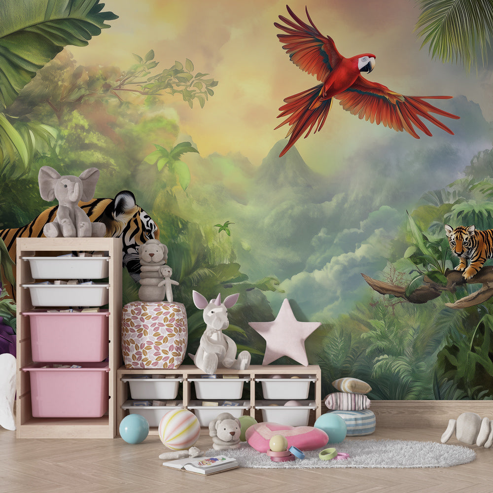Kids-Mundo tiger and macaw jungle wall mural bringing adventure to a children's playroom wall.