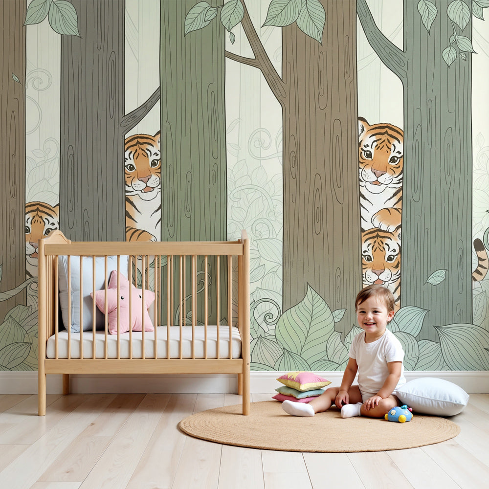 Tiger jungle mural wallpaper creating adventurous atmosphere in modern kids bedroom by Kids-Mundo