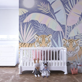 Tropical tiger wallpaper creating peaceful kids bedroom with pastel jungle decor