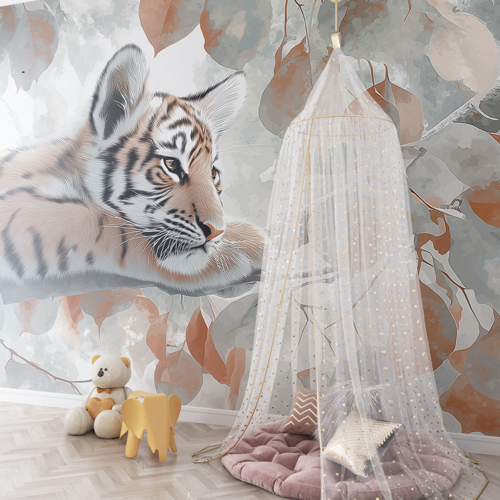 Young tiger safari wallpaper creating adventurous kids bedroom decor with tropical foliage