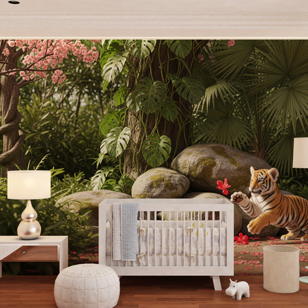 Playful tiger wallpaper transforming children's bedroom into wild adventure space with tropical decor