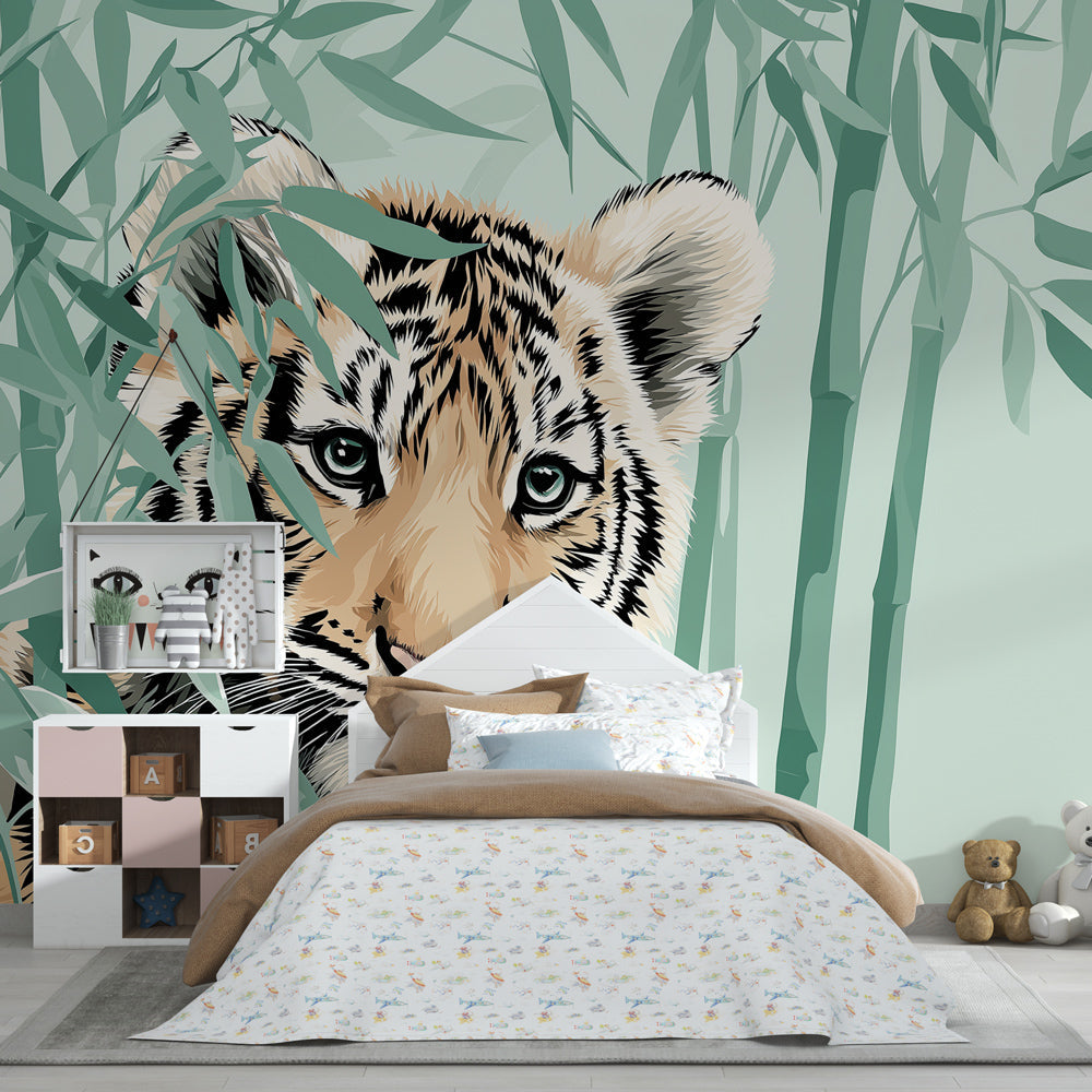 Young tiger bamboo wallpaper transforming children's bedroom into wildlife sanctuary by Kids-Mundo