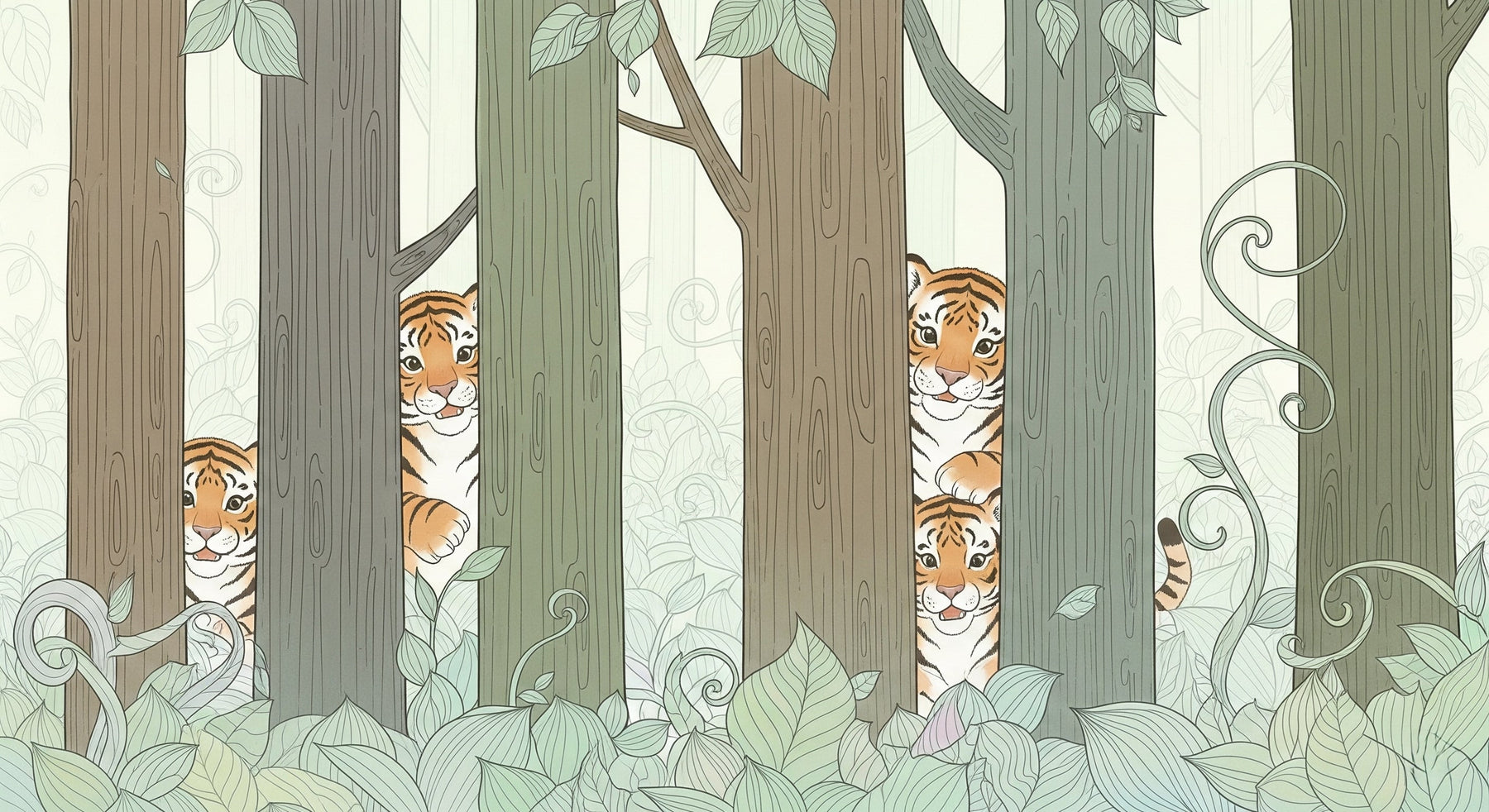 Detailed tiger jungle mural wallpaper design pattern showing playful tigers among tropical trees by Kids-Mundo