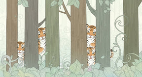 Detailed tiger jungle mural wallpaper design pattern showing playful tigers among tropical trees by Kids-Mundo