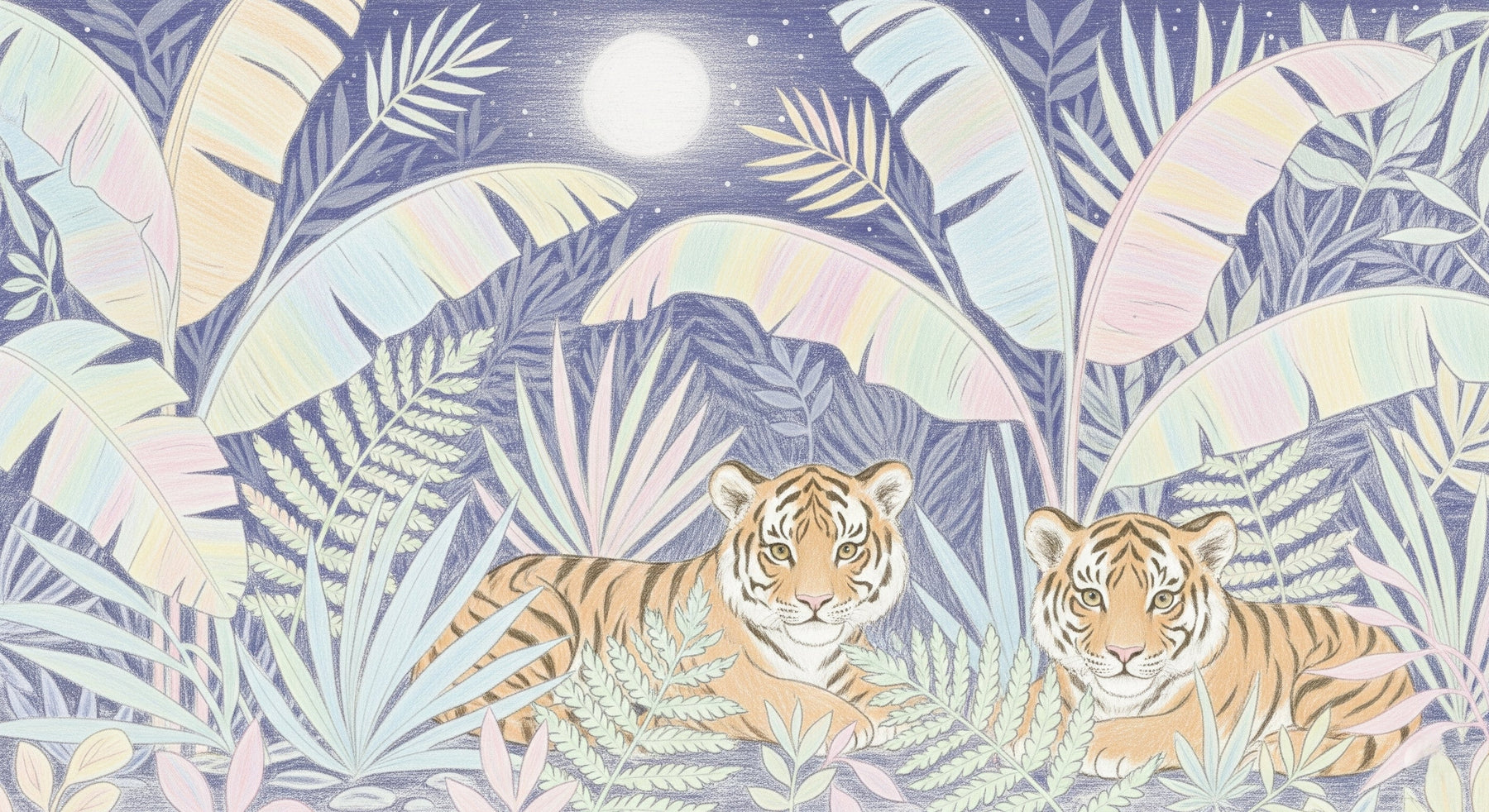 Detailed tiger jungle mural wallpaper design pattern with tropical foliage by Kids-Mundo