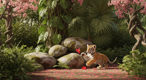Detailed tiger jungle mural wallpaper design pattern showing tropical flora and playful cub by Kids-Mundo