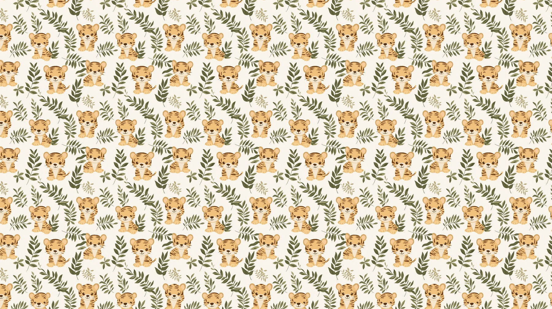 Detailed tiger jungle mural wallpaper design pattern showing playful tigers among delicate foliage by Kids-Mundo