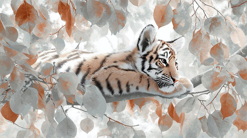 Detailed tiger jungle mural wallpaper design pattern showing young cub among tropical leaves
